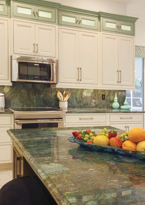 Turquoise Kitchen Countertops, Colorful Granite Countertops, Green Granite Kitchen Countertops, Kitchen Green Countertops, Green Countertops Kitchen, Kitchen White Countertops, Countertops Decor Ideas, Kitchen Countertops Decor Ideas, Kitchen Countertops And Backsplash