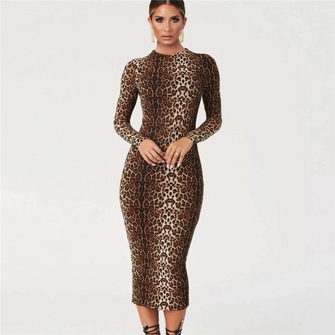 Animal Print Maxi Dresses, Leopard Print Maxi Dress, Maxi Dress Pattern, Bodycon Dress With Sleeves, Slim Dress, Long Sleeve Print Dress, Mid Dresses, Festival Dress, Slim Dresses