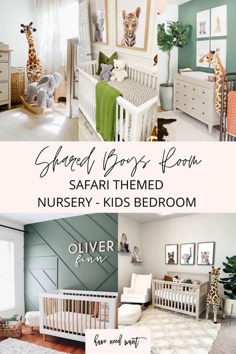 Shared boys room safari themed nursery kids room. Head to the blog post for some of my decor picks. #boysnursery #safarithemednursery #sharedkidsbedroom Safari Inspired Nursery, Safari Nursery Ideas Gender Neutral, Safari Nursery Accent Wall, Nursery Ideas Safari Theme, Natural Safari Nursery, Animal Kingdom Nursery Ideas, Jungle Theme Nursery Ideas, Toddler Boy Safari Bedroom, Sage Safari Nursery