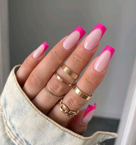 Pink Tip Nails, Bright Pink Nails, Pink French Nails, Valentines Day Nails, Nails Ombre, Coral Nails, Indigo Nails, Nails Cute, Classy Acrylic Nails