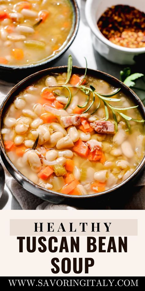 This one-pot white bean soup recipe is a hearty and comforting dish that is perfect for any night of the week. It comes together in no time and only requires a few simple ingredients. Enjoy this flavorful and delicious soup that will warm you up from the inside out! Soup With Pancetta, Cannellini Beans Soup, Tuscan White Bean Soup, Tuscan White Bean, Tuscan Bean Soup, White Bean Soup Recipes, Bean Soup Recipe, Italian Soup, White Bean Soup