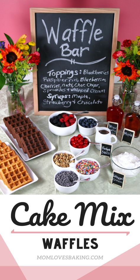 Picture of a waffle bar party with black board and WAFFLE BAR written in chalk. Lots of waffle toppings like sprinkles, cherries, nuts, chocolate chips. Cake mix waffles in vanilla and chocolate on a plate. Maple syrup and strawberry syrup in old fashioned bottles on table. Waffle Bar Birthday Party, Waffle Bar Ideas Brunch Party Breakfast, Breakfast Bar For Party, Dessert Waffle Bar, Cake Waffles Recipe, Brunch For Kids Party, Waffle Bar Bridal Shower Ideas, Waffle Bar Party, Waffle Cake Birthday