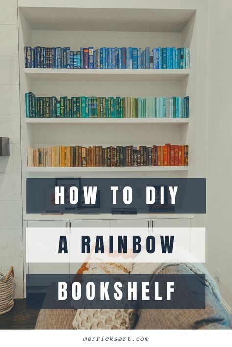 Bookshelf By Color, Bookshelves By Color, Floating Bookshelf Ideas, Color Coordinated Bookshelf, Organize Books By Color, Colour Coded Bookshelf, Bookshelf Color Organized, Color Organized Bookshelf, Rainbow Bookshelf Styling