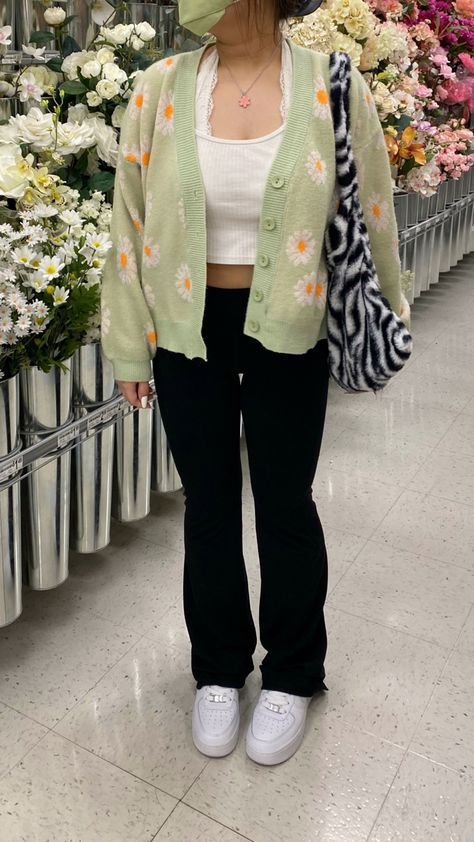 sage light green daisy cardigan sweater zebra fluffy bag and nike air forces Sage Light Green, Daisy Cardigan, Nike Air Forces, Fluffy Bag, Green Daisy, Air Forces, Aesthetic Outfit, Daisy Print, Printed Cardigan