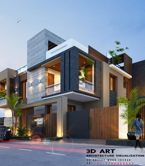 Corner House Elevation Design, Corner House Elevation, Duplex House Elevation, Modern House Lighting, Stair Design Architecture, Freelance Architect, House Structure Design, Modern Minimalist House, House Outer Design