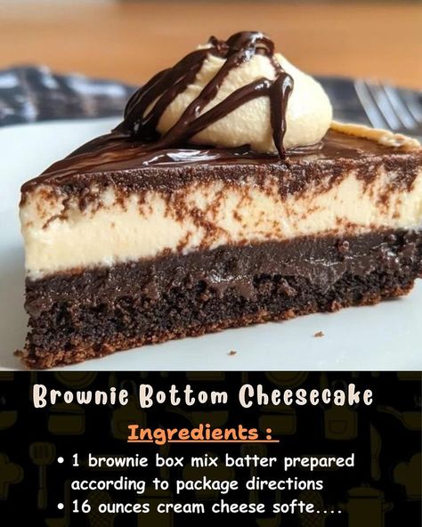 Ingredients: 1 box brownie mix (prepared according to package directions) 16 ounces cream cheese, softened (2 packages of 8 ounces each) 2 eggs... Brownie Mix Cheesecake, Brownie Bottom Cheesecake Recipes, Recipes Using Brownie Mix Boxes, Brownie Bottom Cheesecake Recipe, Brownie Batter Cheesecake, Brownie Bottom Cheesecake, Boxed Brownie Recipes, Cheesecake Ideas, Boston Cream Pie Cupcakes