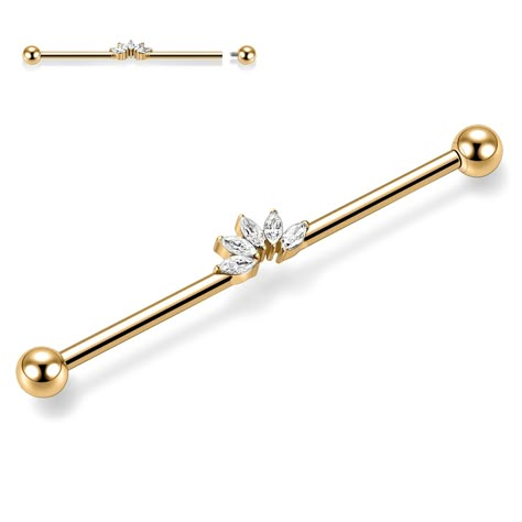 PRICES MAY VARY. ➹Attractive Style➹ Industrial barbell with horse eyes CZ in the middle to make it more shiny and charming on your ear cartilage.What's more, externally threaded design, easy to insert and take off, ➹Industrial Piercing Size&Color➹: Color:Gold with clear CZ.Size:14 Gauge(1.6mm), Bar Length: 1 1/2" (38mm), Ball Size:5mm. ➹Not An Allergic Material➹ The industrial barbell is made of 316L surgical steel(nickel-free,lead-free,cadmium-free).It's harmless to the human body,safe and heal Industrial Earrings Bar, Cute Industrial Piercing Jewelry, Gold Industrial Piercing, Industrial Bars, Industrial Bar Piercing, Industrial Piercing Barbells, Bar Industrial, Future Board, Industrial Earrings