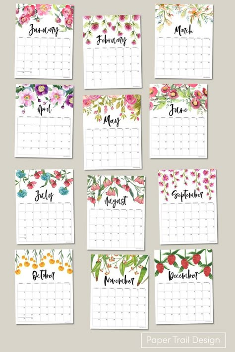 Design Kalender, Calender Printables, Paper Trail Design, Free Printable Calendar Templates, Floral Calendar, Free Printable Crafts, Trail Design, Planner Bookmark, Floral Planner