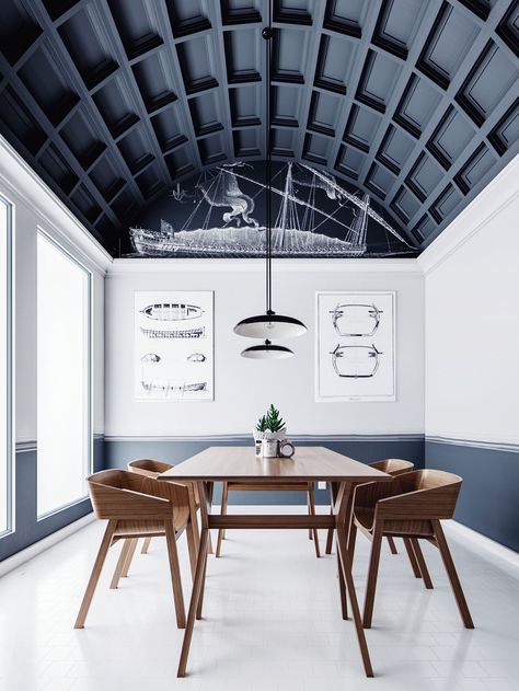 VWArtclub - Shanghai BIM Wood Coffered Ceiling, Ceiling Inspiration, Dark Ceiling, Asma Kat, Blue Ceilings, Plafond Design, Ceiling Detail, Design Studios, Stil Inspiration