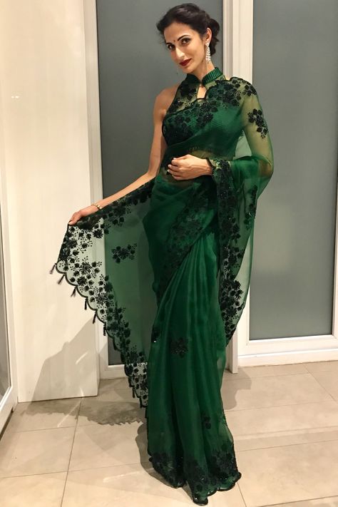 Green organza Chicken Curry Kurti Design, Chicken Curry Kurti, Net Saree Look Modern, Net Saree Look, Saree Look Modern, Green Net Saree, Handwork Designs, Western Saree, Net Saree Blouse Designs