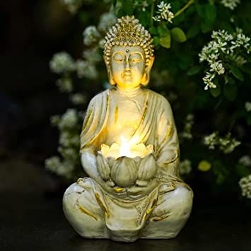 Amazon.com: Goodeco Meditation Small Buddha Statue Figurine -Buddha with LED Tea Lights Candle Holder,Gift idea,Zen Home Decor Meditation Accessories,White Gold Look 8" : Home & Kitchen Buddha Statue Home, White Buddha, Small Buddha Statue, Lotus Buddha, Meditation Posture, Buddha Home Decor, Buddhist Artwork, Zen Home Decor, Buddha Garden