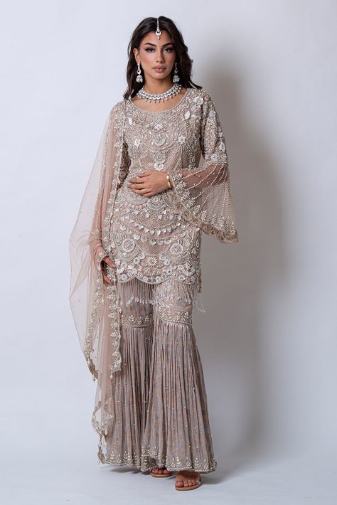 Bell Sleeves Indian Dress, Bell Sleeve Indian Suit, Pakistani Net Suits, Pakistani Bell Sleeves Suit, Gharara Suits Party Wear, Gharara Designs Pakistani, Brocade Gharara, Designer Suits For Women Indian, Traditional Gharara