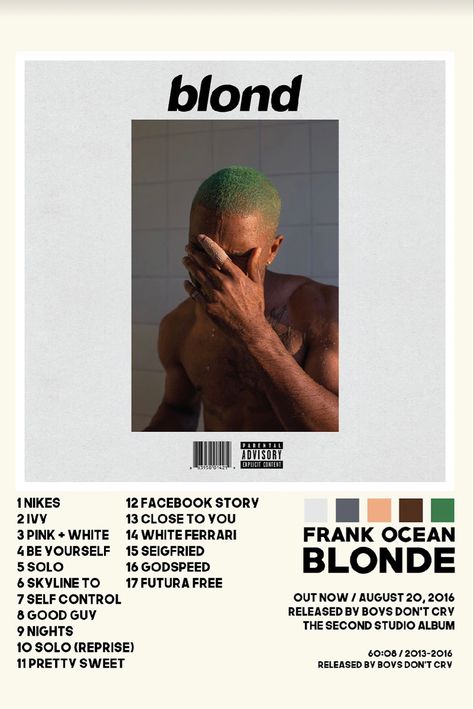 Frank Ocean Blonde Album, Blonde Album, Frank Ocean Album, Good Kid Maad City, Frank Ocean Poster, Boys Don't Cry, Music Poster Design, Music Album Cover, A4 Poster