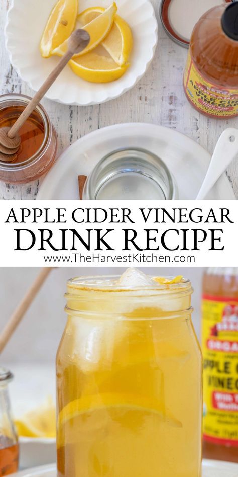 This easy Apple Cider Vinegar Drink Recipe is made with Bragg ACV,  fresh lemon juice, water, ground turmeric and a drizzle of honey.  There are so many benefits of drinking apple cider vinegar. It's one of those great drinks to boost immune system. Apple Cider Vinegar Drink Recipes, Cider Vinegar Drink, Cranberry Detox, Apple Cider Vinegar Lemon, Coldsore Remedies Quick, Vinegar Drink, Vinegar Drinks, Harvest Kitchen, Apple Cider Vinegar Drink