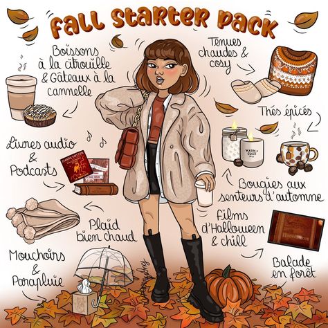 Fall Starter Pack Fall Starter Pack, Fanny Lng, Aesthetic Starter Pack, Fall Hygge, Four Seasons Art, Fall Cooking, Portrait Cartoon, Lifestyle Art, Fall Scents