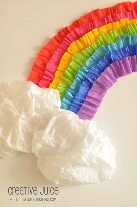 Use streamers and tissue paper to create a rainbow on the wall. | 36 Clever DIY Ways To Decorate Your Classroom Decoration Creche, Rainbow Backdrop, Streamer Backdrop, Creative Juice, Party Streamers, Rainbow Crafts, Aktivitas Montessori, Rainbow Theme, Rainbow Party