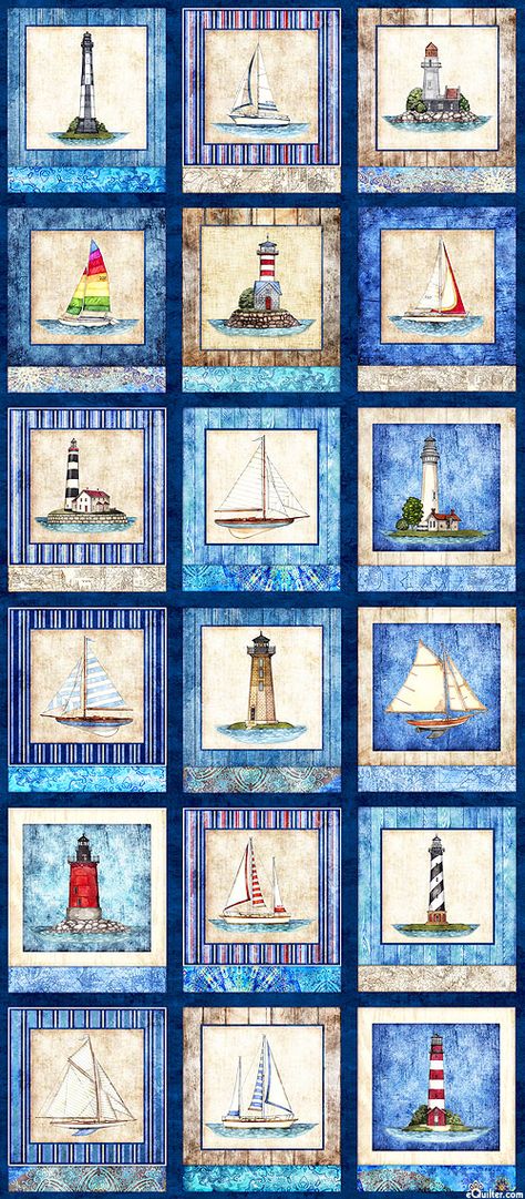 Smooth Sailing - Lighthouses & Boats - Navy - 24" x 44" PANEL Lighthouse Quilts Ideas, Lighthouse Quilt, Quilt Journal, Enchanted Flowers, Fabric Panel Quilts, Quilt Fabrics, Smooth Sailing, Knitted Heart, Free Quilt Patterns