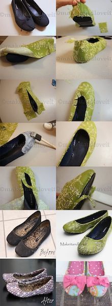 How to cover old flats with cute fabric. Suggestion. Use Outdoor Modge Podge for the outside. Use Tacky glue to hold down the fabric on the inside of the shoes. Diy Mod Podge, Cute Fabric, Diy Vetement, Leopard Shoes, Old Shoes, Crafty Craft, Mod Podge, Diy Shoes, Crafty Diy