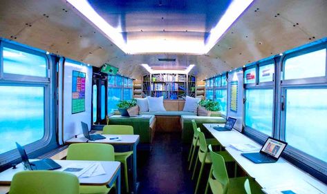 Converted School Bus, Converted Bus, Mobile Coffee Shop, Tutoring Business, Mobile Library, Bus Interior, School Bus Conversion, Nature School, Graduate Degree