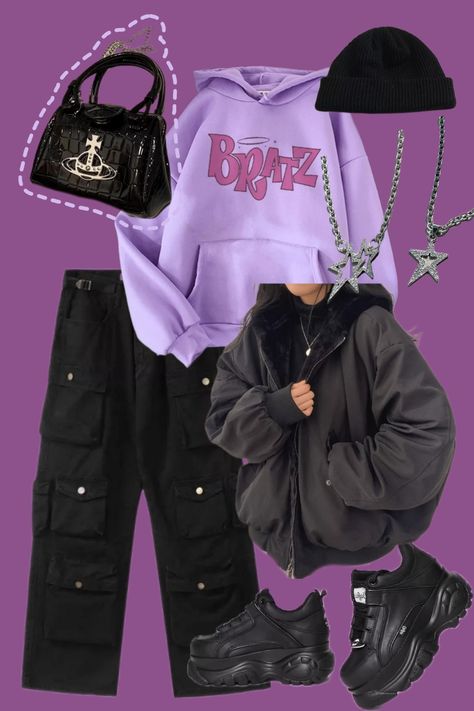 Purple Beanie Outfit, Black Buffalo Shoes Outfit, Bratz Hoodie, Purple Hoodie Outfit, Black Beanie Outfit, Viviane Westwood, Outfit Punk, Bratz Outfit, Platform Boots Outfit