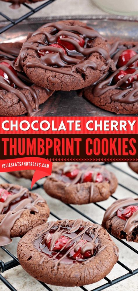 Chocolate Cherry Thumbprint Cookies, Christmas cookies, holiday baking recipes Cherry Thumbprint Cookies, Soft Chocolate Cookies, Chocolate Covered Cherries Recipe, Chocolate Thumbprint Cookies, Thumbprint Cookies Recipe, Cherry Cookies, Cookie Recipes Unique, Chocolate Covered Cherries, Butter Cookies Recipe