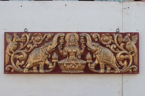 Carved Gold Painted Panel, Art Objects, Religious Artifact, Statuary pieces, Wall mount hanging https://etsy.me/3VeeCLD #wallpanel #walldecor #christmasgifts #christmasdecor #antiquepanel #hindugodpanel #uniquedecor #livingroomdecor #oldartpieces Gaja Lakshmi Wood Carving, Gaja Lakshmi, Carved Door, Door Design Images, Wooden Wall Panels, Hindu Goddess, Four Arms, Puja Room, Carved Doors