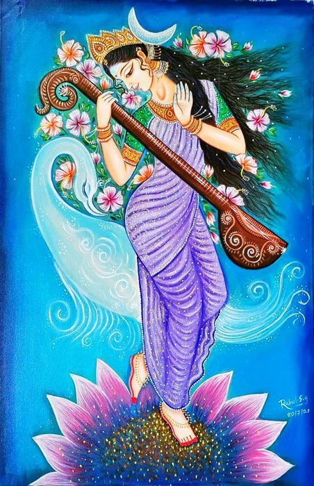 Goddess Saraswati Acrylic On Canvas Painting, Veena, Violet Saree, lotus, blue swan, beauty, eloquence Goddess Saraswati Painting, Saraswati River, Saraswati Painting, Wisdom Art, Goddess Of Knowledge, Indian Classical Dancer, Maa Durga Photo, Goddess Saraswati, India Home Decor