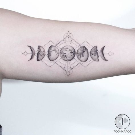 Dotwork Moon Phases and Geometric Elements by poonkaros Small Tattoos Arm, Phases Of The Moon Tattoo, Moon Cycle Tattoo, The Moon Tattoo, Astronomy Tattoo, Cosmic Tattoo, Backpiece Tattoo, Moon Phases Tattoo, Band Tattoos