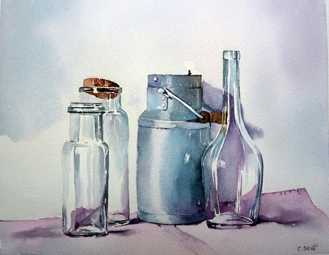 La laitière et les flacons -                                                                                                                                                                                 Plus Composition Painting, Jar Art, Object Drawing, Architecture Painting, Still Life Drawing, Watercolor Artists, Daily Painting, Still Life Art, Watercolor Sketch