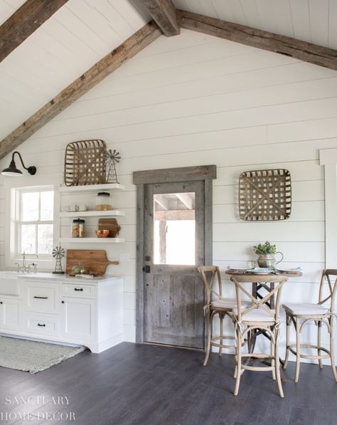 Small Farmhouse Kitchen design Ideas- Barn wood Door-Floating Shelves -Barn Light - Farmhouse Sink- Paneled Refrigerator-Rustic Beams Small Kitchen Shiplap Wall, Eastlake House, Rustic Cottage Kitchens, Small Cottage Interiors, Fridge Wall, Paneled Refrigerator, Sanctuary Home Decor, Ny House, Future Farmhouse