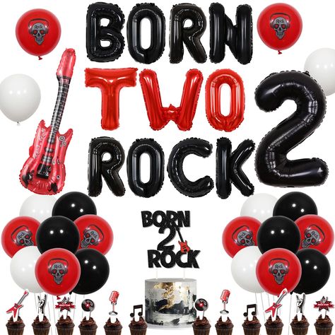 PRICES MAY VARY. Rock and Roll Theme Party Decorations: You will get 16 x 12 latex balloons (12 inches), 1 x BORN TWO ROCK foil balloon, 1 x cake topper, 12 x cupcake toppers, 1 x guitar foil balloon, 1 x number 2 foil balloon, which can meet your demands for your boys girls 2nd birthday party Born 2 Rock Cake Topper: The born 2 rock cake topper is designed with music elements, and the number 2 is consistent with the 2 year old birthday party; The born to rock cake topper is made of premium glit Rock Party Decorations, Born Two Rock, Rock And Roll Theme Party, Second Birthday Boys, Rock And Roll Birthday, Twin Birthday Parties, Black Balloon, Rock Star Party, Birthday Themes For Boys