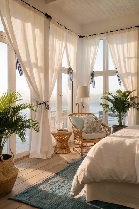 Curtains Beach House, Greece Bedroom, Cottage House Decor, Greek Style Home, Beach Curtains, Coastal Curtains, Coastal Room, Beach Room, Coastal Bedrooms