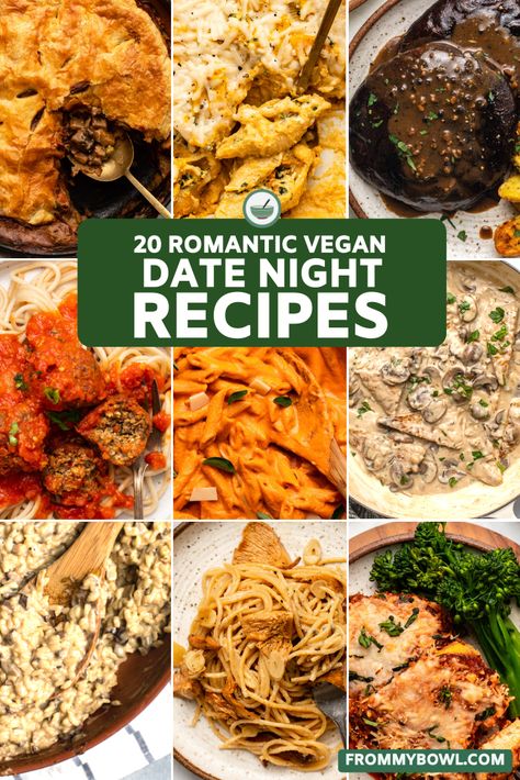 20 delicious and romantic vegan recipes for two. These tasty and easy vegan and vegetarian recipes will impress any guest! Romantic Vegetarian Dinner, Vegan Dinner Ideas, Vegan Slow Cooker, Night Recipes, Date Night Recipes, Veggie Dinner, Pot Roast Slow Cooker, Anniversary Dinner, Recipes For Two