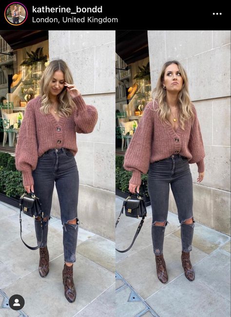 Pink knit button up sweater acid wash jeans brown booties Katherine Bond, How To Style A Cardigan, Cute Cardigan Outfits, Mom Jeans Outfit Winter, Jeans Outfit Winter, Mom Jeans Outfit, Outfit Jeans, Stylish Sweaters, Jeans Mom