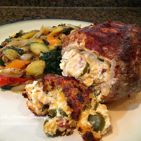 Stuffed pork loin on a plate with various vegetables Jalapeño Popper Pork Loin, Stuffed Pork Loin Roast, Stuffed Pork Roast, Stuffed Pork Loin, American Housewife, Jalapeno Jelly, Pork Chop Recipe, Homemade Foods, Jalapeno Cheese