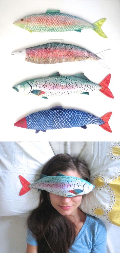 Fish Eye Pillows: Made from organic cotton and filled with organic flax seeds and lavender, these fish-shaped eye pillows can be be warmed and cooled if desired. #design #product Sewing Fish, Fish Pillows, Carnaval Inspo, Fish Items, Fish Pillow, Giant Fish, Fabric Fish, Flax Seeds, Fish Eye