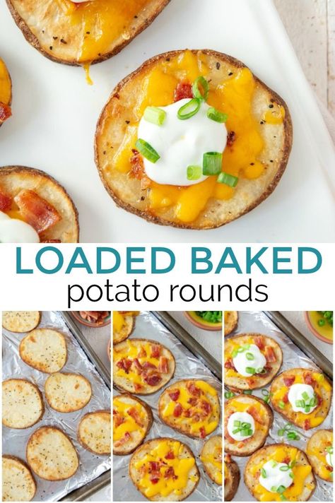 Loaded Potato Bites Appetizers, Baked Potato Rounds, Potato Skin Bites, Potato Skins Appetizer, Tornado Potato, Potato Rounds, Tasty Appetizers, Potato Appetizers, Side Items