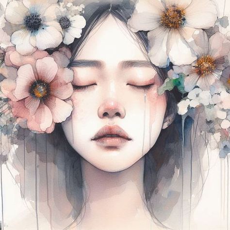 asian woman on pale face crying, close eyes, not smile, only face, with lots of flower in different size spread around frame, in conrad Roset artistic style, water color painting, abstract - Image Creator from Microsoft Bing Flower Face Painting Canvas, Rain Gif, Girl Face Painting, Crying Eyes, Close Eyes, Butterfly Eyes, Female Face Drawing, Pale Face, Character Pictures