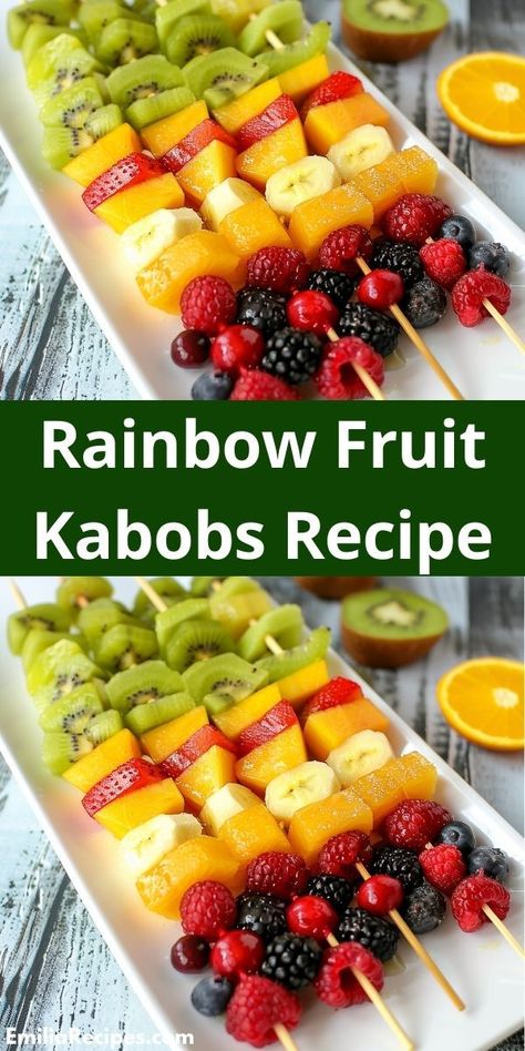 Love fruit salad? Discover this Rainbow Fruit Kabobs Recipe! Featuring a variety of colorful fruits, it's a delicious and fun snack perfect for your kids party food and fruit salad ideas. Kabobs For Party, Rainbow Fruit Kabobs, Kabob Recipes, Fruit Kabobs, Rainbow Fruit, Refreshing Desserts, Kids Party Food, Fruit Salad Recipes, Delish Recipes