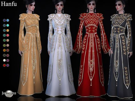 Sims 4 — Hanfu dress by jomsims — Hanfu dress Dress Sims 4 for her in 20 shades. #featuredartist Female Hanfu, Sims Medieval, Sims Clothes, Medieval Clothes, Queen Dresses, Sims 4 Mm Cc, Asian Inspiration, Clothing Female, Sims 4 Dresses