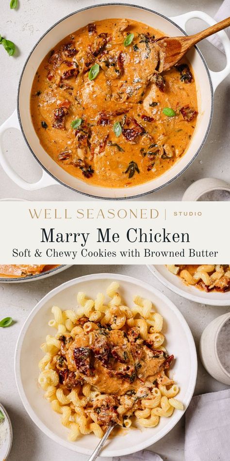 I've been making a version of this Marry Me Chicken well before it went viral simply because I love basil and sun-dried tomatoes together so much. In fact, this is a meal I made often for my college suite mates because it's inexpensive, quick to make, and boldly flavored. I love to serve this Tuscan-inspired chicken with polenta, mashed potatoes, pasta, or rice. Add any and all veggies that you like! Gluten-free. #wellseasonedstudio #marryme #chicken #marrymechicken #chickendinner Chicken With Polenta, College Suite, Marry Me Chicken Recipe, Fried Spinach, Marry Me Chicken, Tuscan Inspired, Soup Dinner, Cocktail Desserts, Low Sodium Chicken Broth