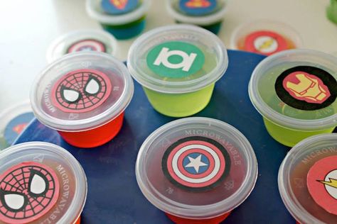 1st Birthday Games, Comic Party, Birthday Games For Adults, Marvel Birthday Party, Wonder Woman Party, Superhero Decorations, Marvel Party, Jelly Cups, Avenger Birthday Party