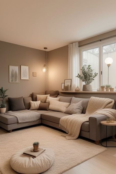 Beige House Inspiration, Natural Cosy Living Room, Brown Beige Cream Living Room, Gray Couch Tan Walls Living Room, Oat Colour Living Room, Taupe Small Living Room, Neutrals And Brown Living Room, Soft Beige Living Room, Taupe And Cream Living Room