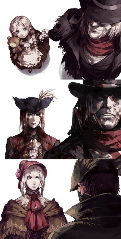 absurdres bangs blood blood_splatter bloodborne bonnet cloak gehrman_the_first_hunter green_eyes hat highres holding hunter_(bloodborne) lady_maria_of_the_astral_clocktower long_hair plain_doll ponytail ruukii_drift scarf silver_hair swept_bangs top_hat tricorne upper_body white_hair Soul Saga, Lady Maria, Bloodborne Art, Old Blood, Demon Souls, Dark Souls 3, Dark Souls Art, Karakter Disney, 다크 판타지