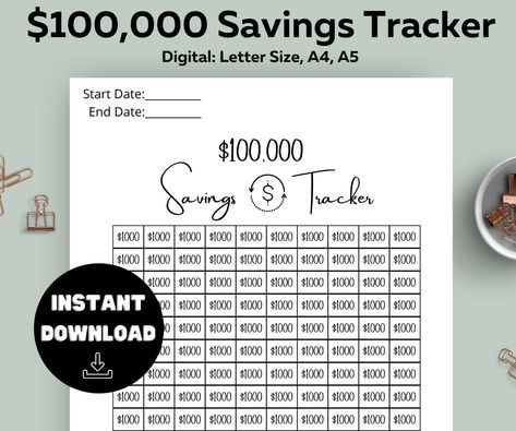 Savings Goal, Savings Tracker, Dave Ramsey, Saving Goals, Savings Challenge, Debt Free, Instant Download Printable, 100 000, Letter Size