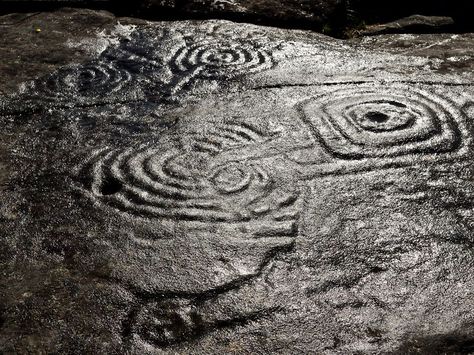 Galician Petroglyphs, Muros, Spain. Laxe das Rodas is a rock art station at the foot of Outeiro de Eiroa, near the site of Taxes of the parish of Louro in Muros. Large cup and ring marks are featured prominently at this site. Its two main spirals and other markings have been interpreted as a type of almanac and lunisolar calendar. Live Tree, First Peoples, History For Kids, Standing Stone, Prehistoric Art, Crop Circles, The Dark Crystal, Cave Paintings, Mystery Of History