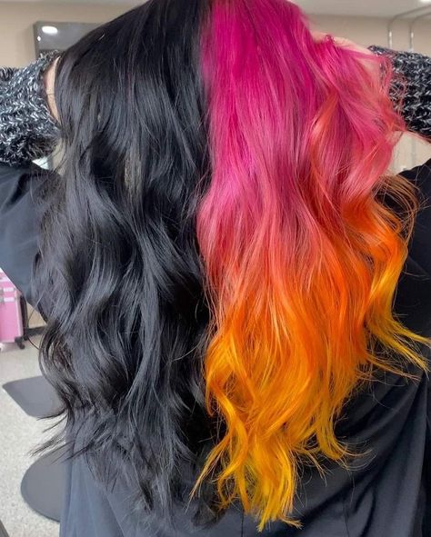 Half Ombre Hair, Vivid Hair Color Split Dye, Half Hair Dye Ideas, Split Dye Ombre Hair, Ombre Vivid Hair Color, Half Black Half Colored Hair, Purple Half And Half Hair, Ombre Split Dye, Half Pink Half Orange Hair