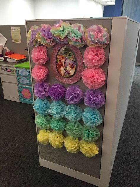 Cubicle decorating Easter Cubicle Decorations, Birthday Cubicle Decorations, Spring Office Decor, Cubicle Birthday Decorations, Cubicle Decorations, Cubicle Ideas, Spring Decorating Ideas, Yellow Tablecloth, Easter Mason Jars