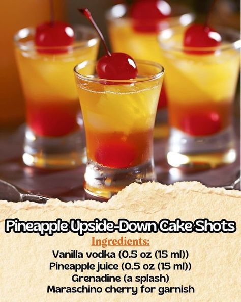 Pineapple Upside Down Cake Shot Recipe, Pineapple Upside Down Shot, Pineapple Upside Down Cake Shot, Pineapple Shots, Daily Yum, Cake Shot, Cake Shots, Carla Hall, Cocktail Drinks Alcoholic