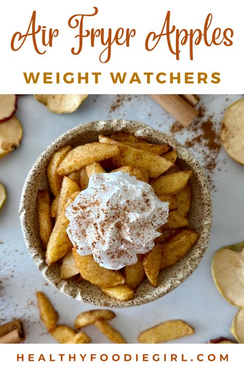 Air fryer apples are bursting with juicy sweet apple flavor and lightly dusted with cinnamon, sugar, and a hint of vanilla. Think warm apple pie without all the fat. These Weight Watchers air fryer cinnamon apples are such an easy snack or dessert. They are the perfect quick treat when you want something sweet with minimal effort! #weightwatchersrecipes Healthy Apple Pie Filling, Air Fryer Baked Apples, Air Fryer Apples, Macro Snacks, Cinnamon Whipped Cream, Slow Cooker Apple Butter, Apple Snacks, Warm Apple, Baked Apple